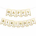 White and gold Happy Birthday banner with elegant pennant flags and metallic gold lettering on a clean white background.