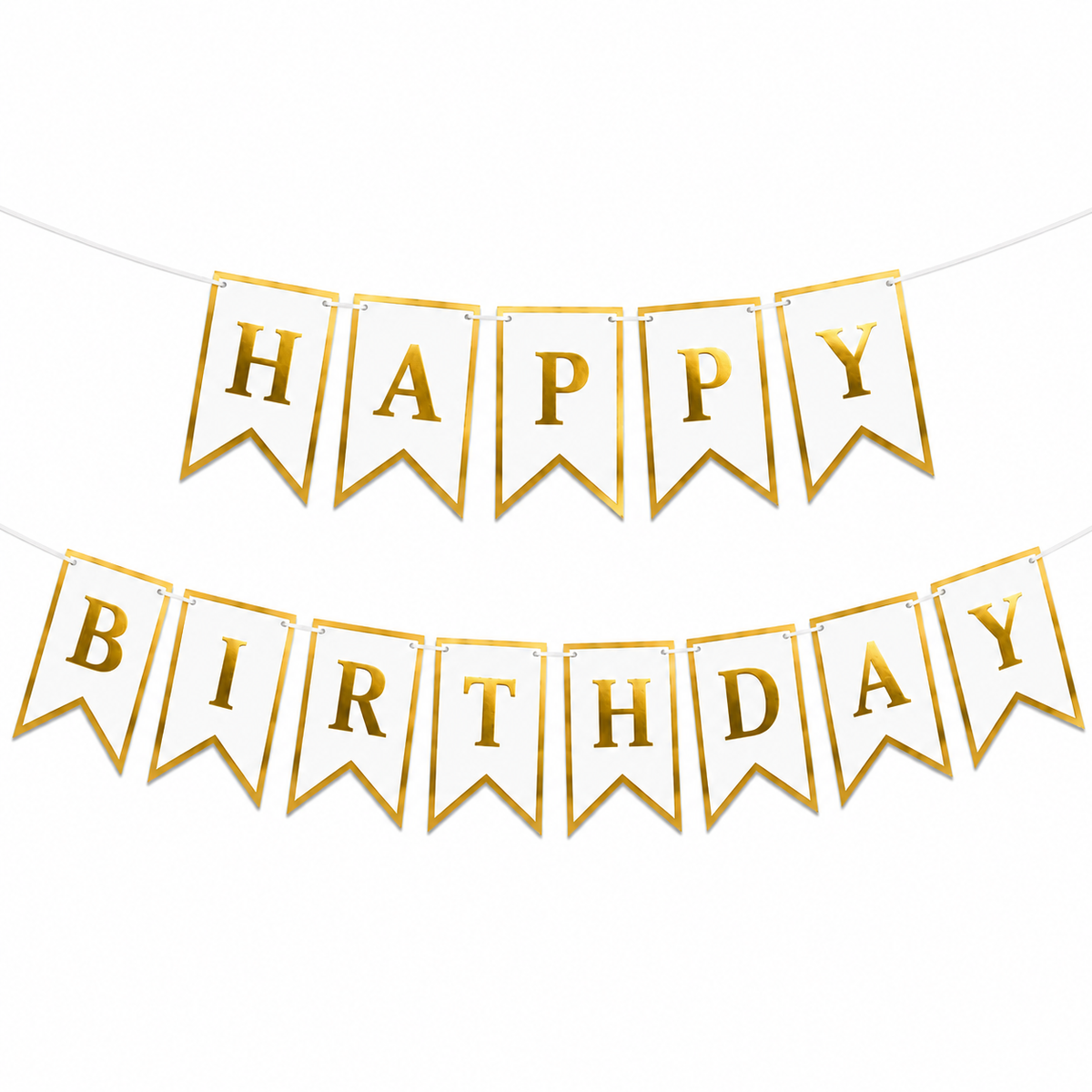 White and gold Happy Birthday banner with elegant pennant flags and metallic gold lettering on a clean white background.