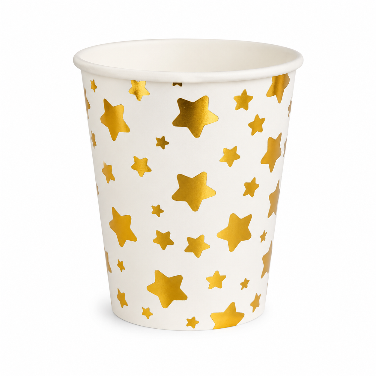 White paper cup with gold star pattern on a white background