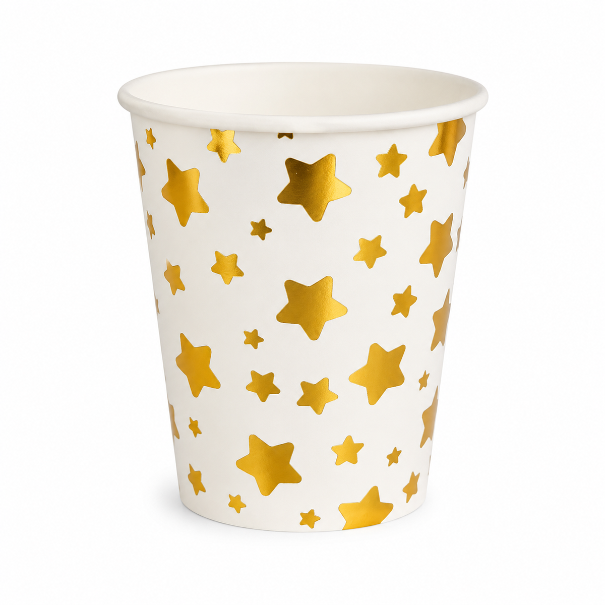 White paper cup with gold star pattern on a white background
