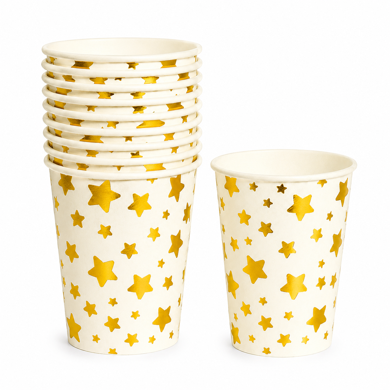 Set of paper cups with gold star pattern on a white background