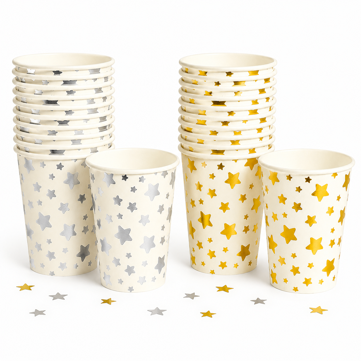 Set of paper cups with star patterns in gold and silver on a white background