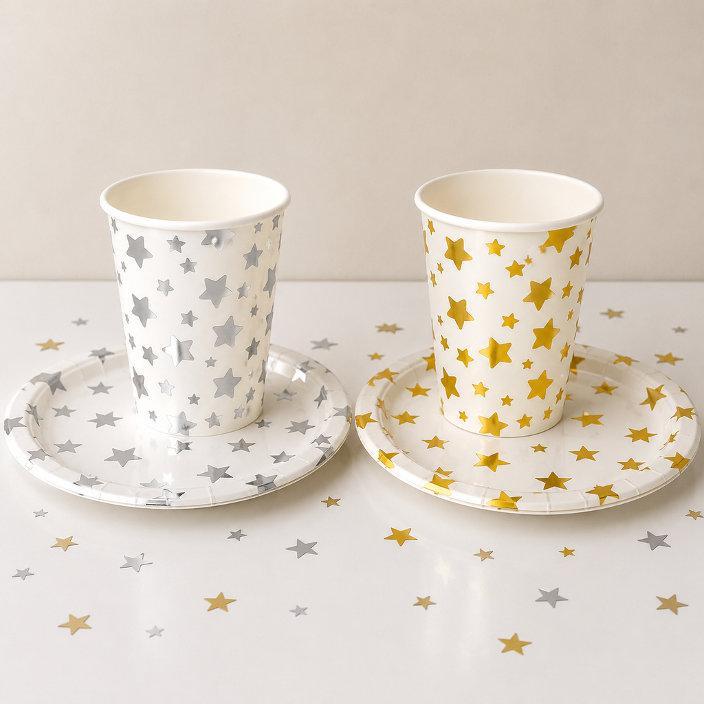 Two paper cups with star patterns on a matching saucer set against a white background.