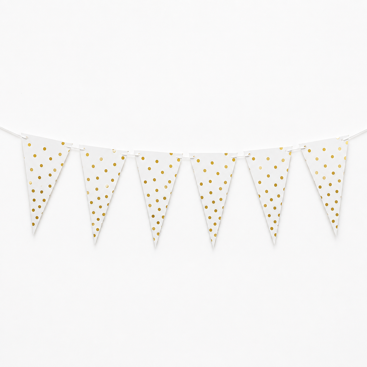 White bunting banner with gold metallic polka dots on triangular pennants, strung along a white cord against a plain white background.
