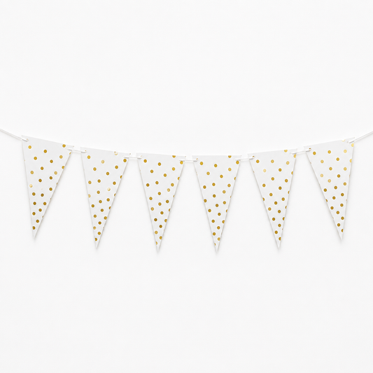 White bunting banner with gold metallic polka dots on triangular pennants, strung along a white cord against a plain white background.