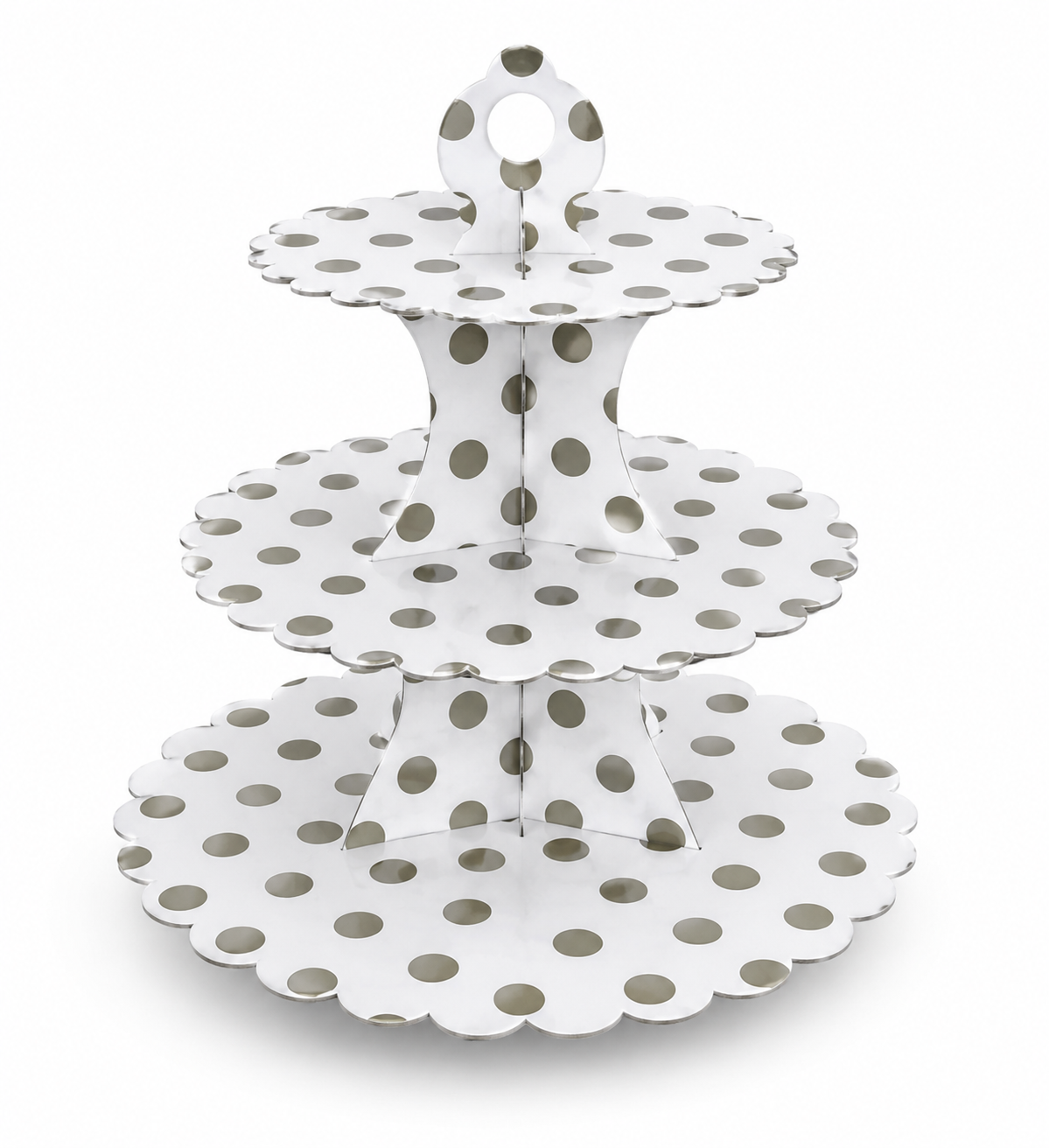 Three-tiered white cake stand with gray polka dots on a white background