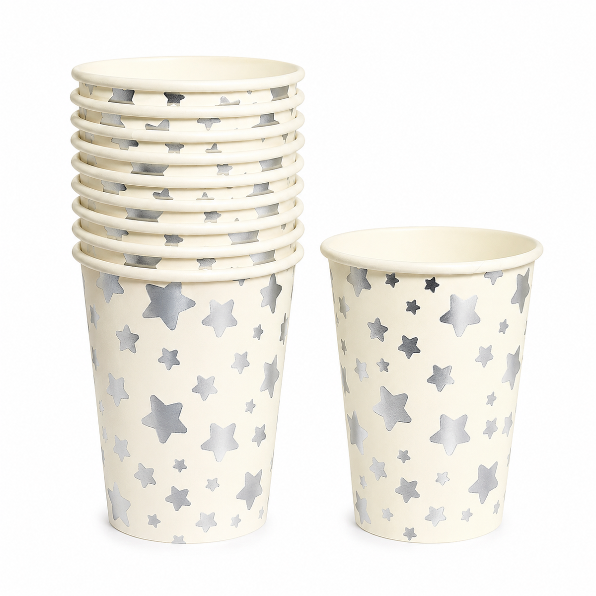 White Silver Stars Paper Cups with metallic star pattern for parties and celebrations