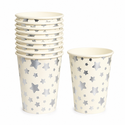 White Silver Stars Paper Cups with metallic star pattern for parties and celebrations