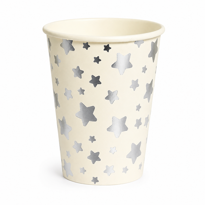 White Silver Stars Paper Cups with metallic star pattern for parties and celebrations