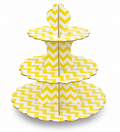 Three-tiered cupcake stand with yellow and white chevron pattern on a white background