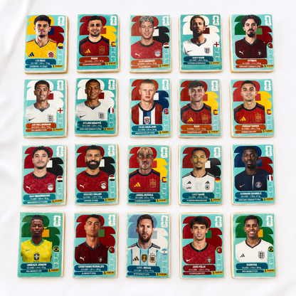 Collection of soccer player cookies cards on a white background