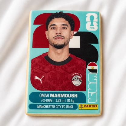 Soccer Cookie card of Omar Marmoush with Manchester City FC logo on a light background