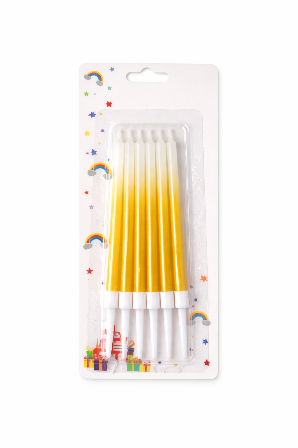 Pack of yellow birthday candles with decorative packaging on a white background