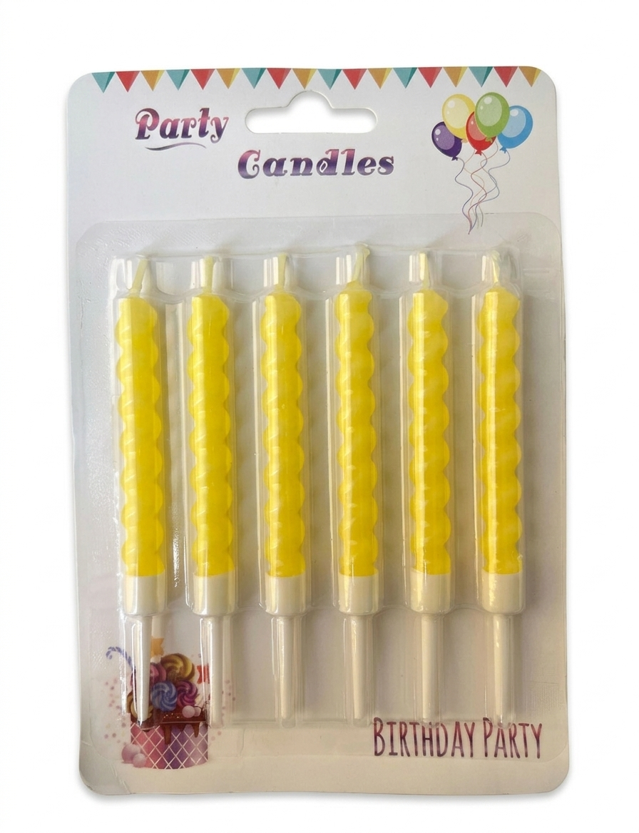 Pack of yellow birthday candles with decorative packaging on a white background
