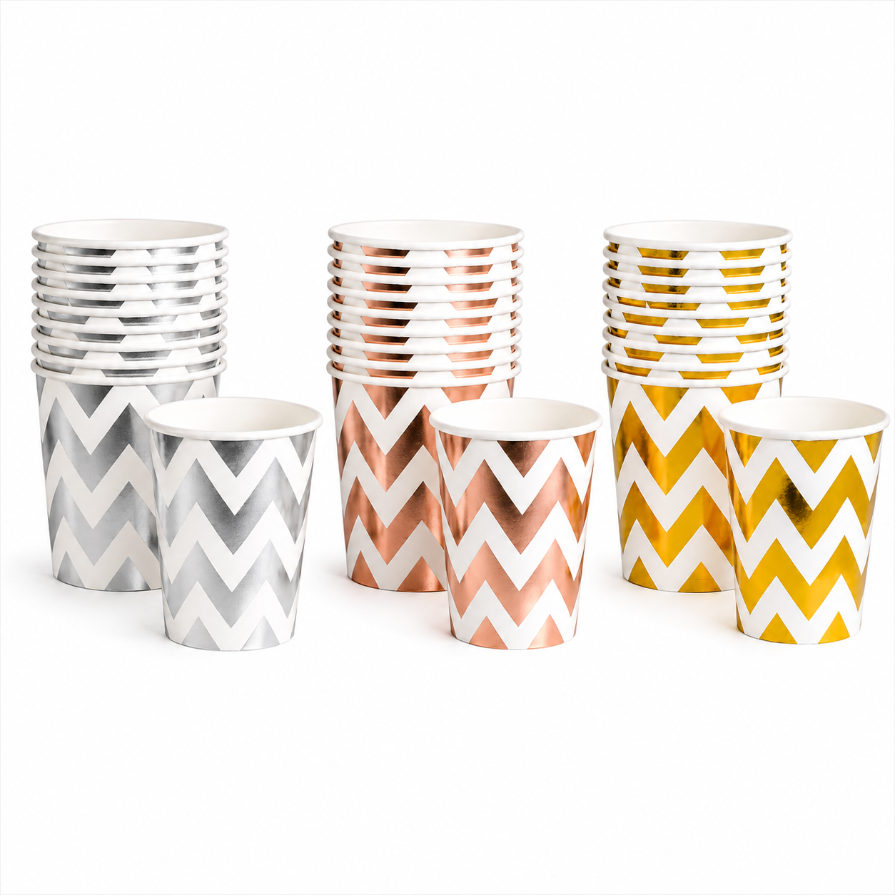 Set of paper cups with chevron pattern in silver, rose gold, and yellow on a white background
