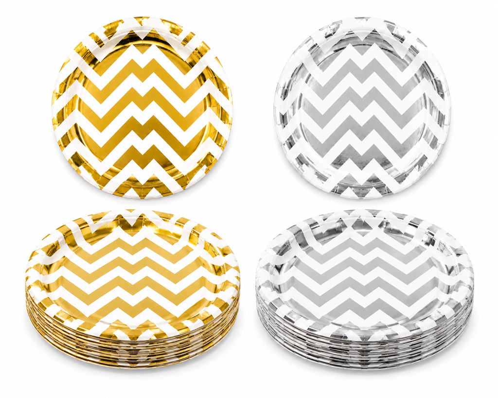 Set of paper plates with gold and silver chevron patterns on a white background