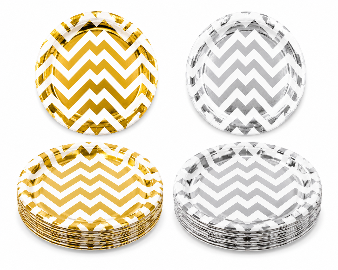 Set of paper plates with gold and silver chevron patterns on a white background