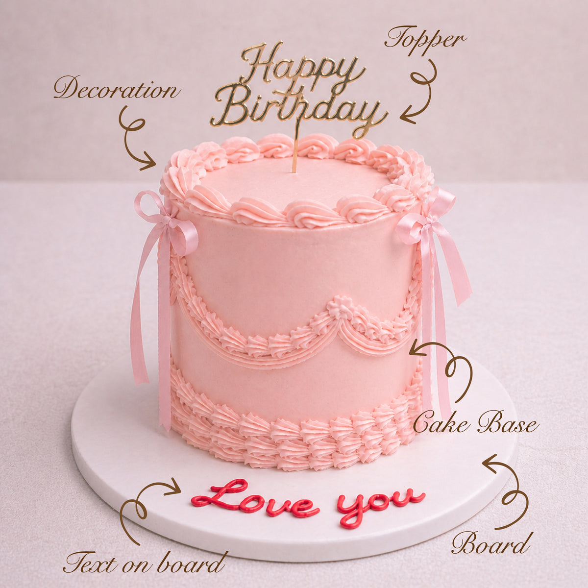 Pink birthday cake with decorative elements on a white background