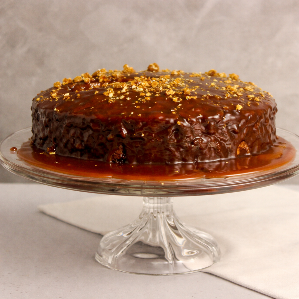 Sticky Toffee cake with delicious caramel sauce and croquant sprinkled on a clear cake stand.